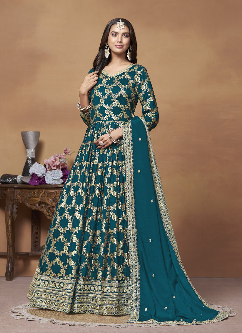 Prussian Blue Dola Jacquard Embroidered Anarkali Suit