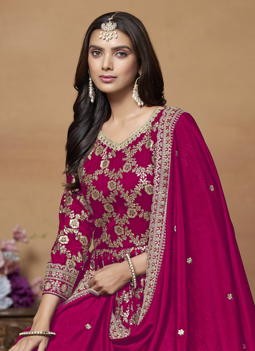 Raspberry Pink Dola Jacquard Embroidered Anarkali Suit
