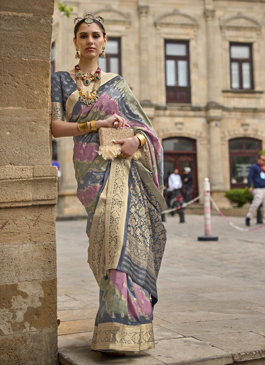 Grey Silk Printed Saree