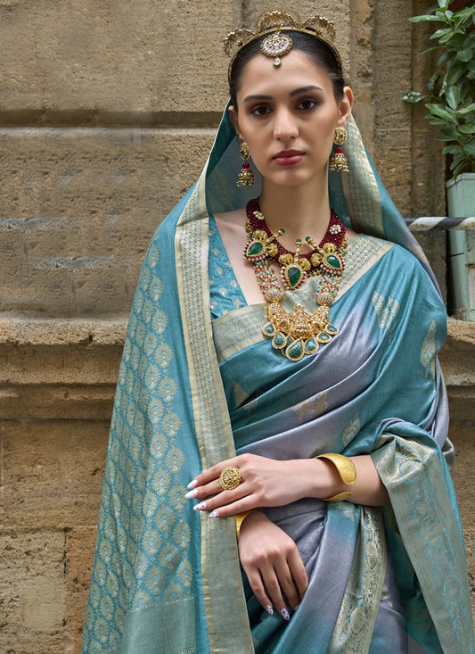 Sky Blue Silk Printed Saree