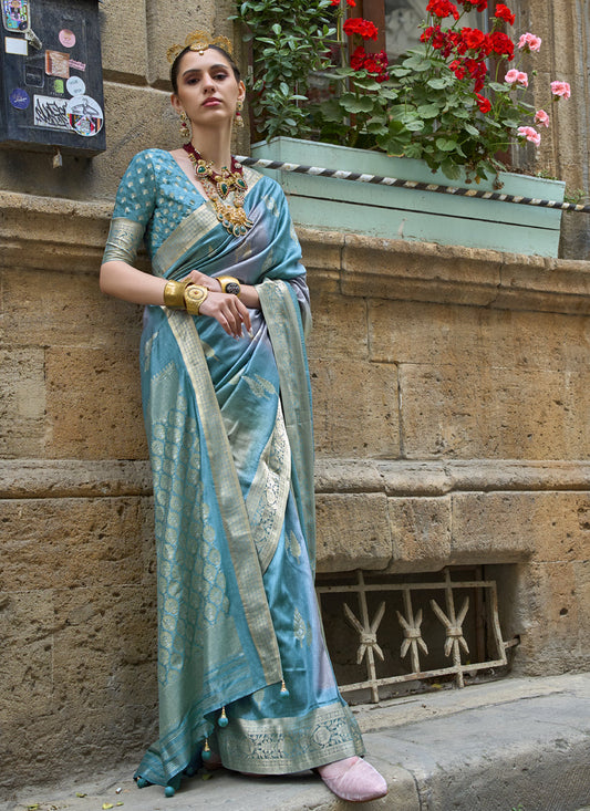 Sky Blue Silk Printed Saree
