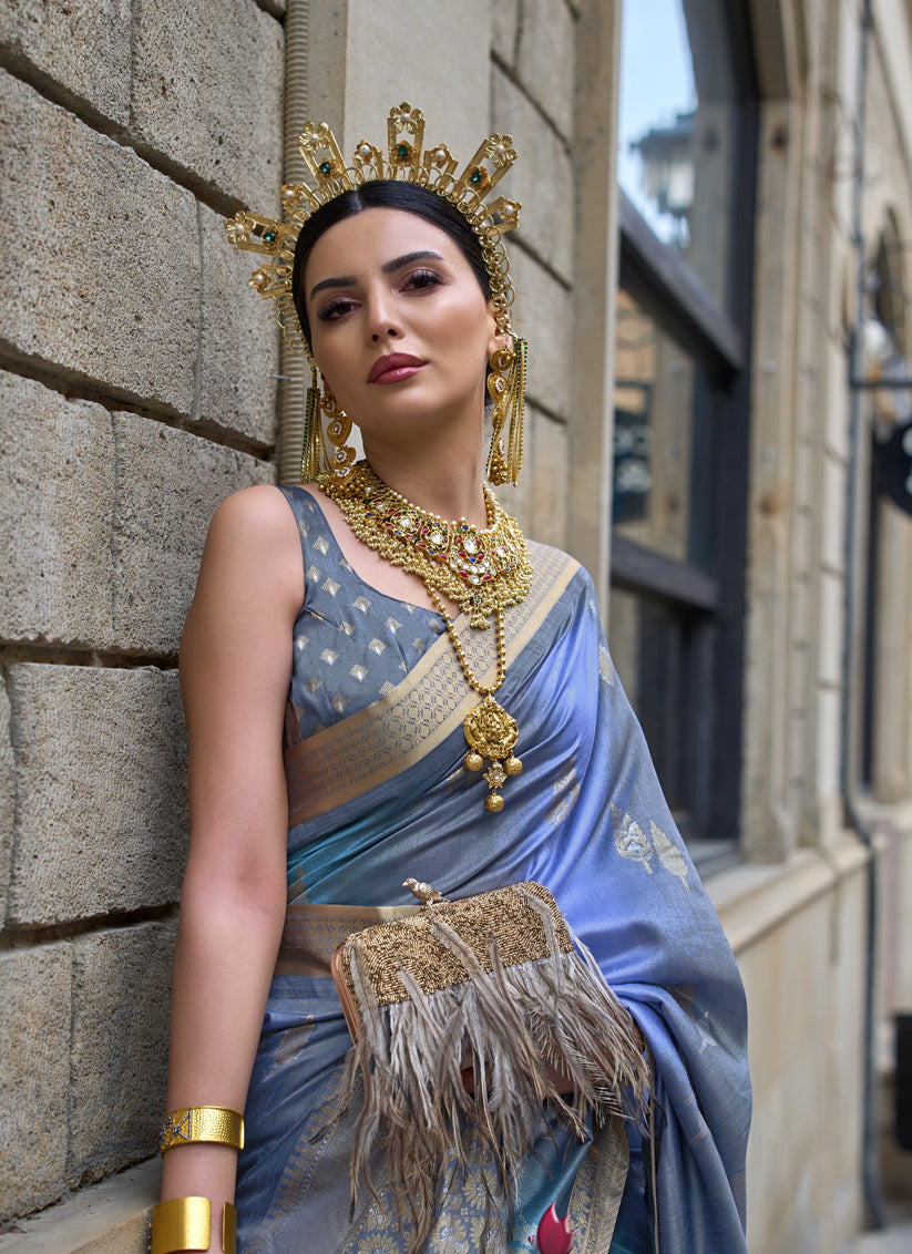 Periwinkle Silk Printed Saree