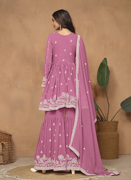 Flamingo Pink Faux Georgette Embroidered Sharara Kameez