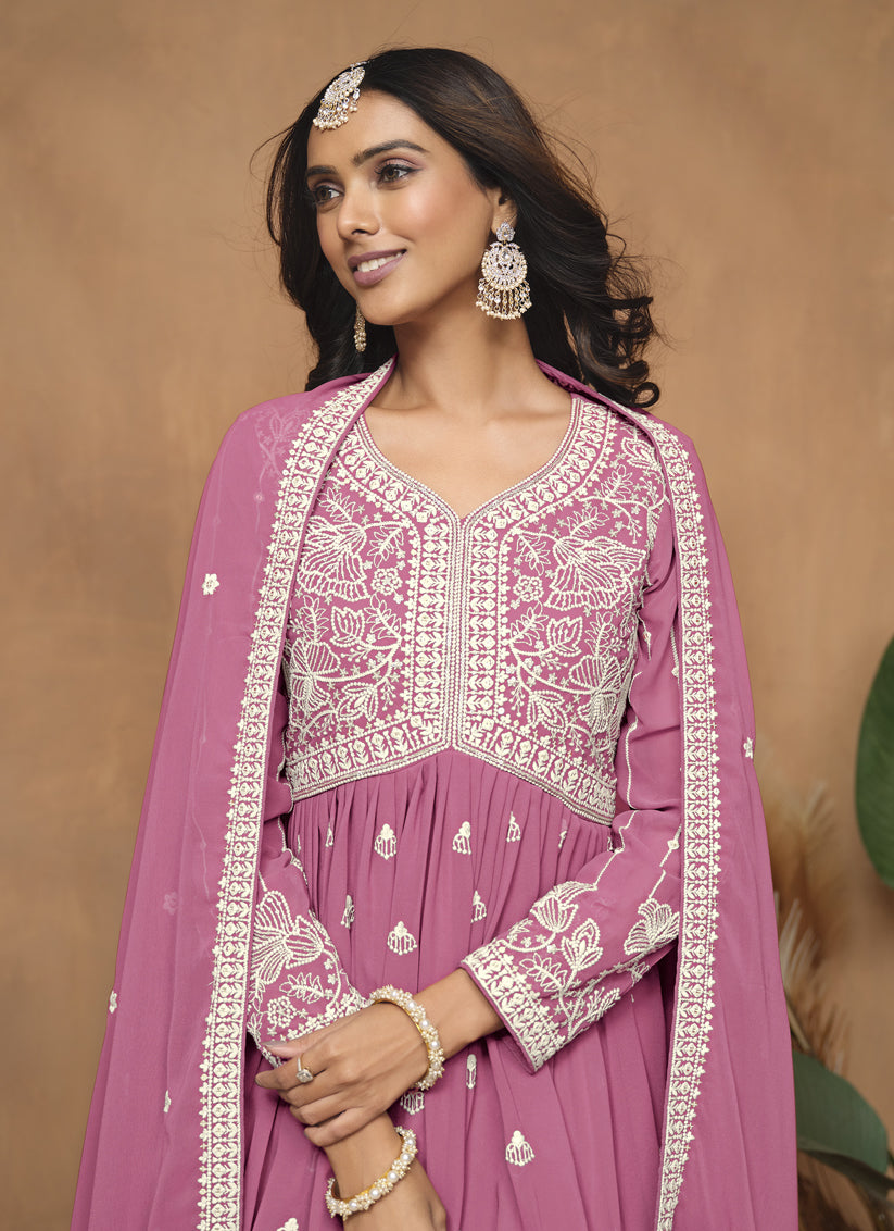 Flamingo Pink Faux Georgette Embroidered Sharara Kameez