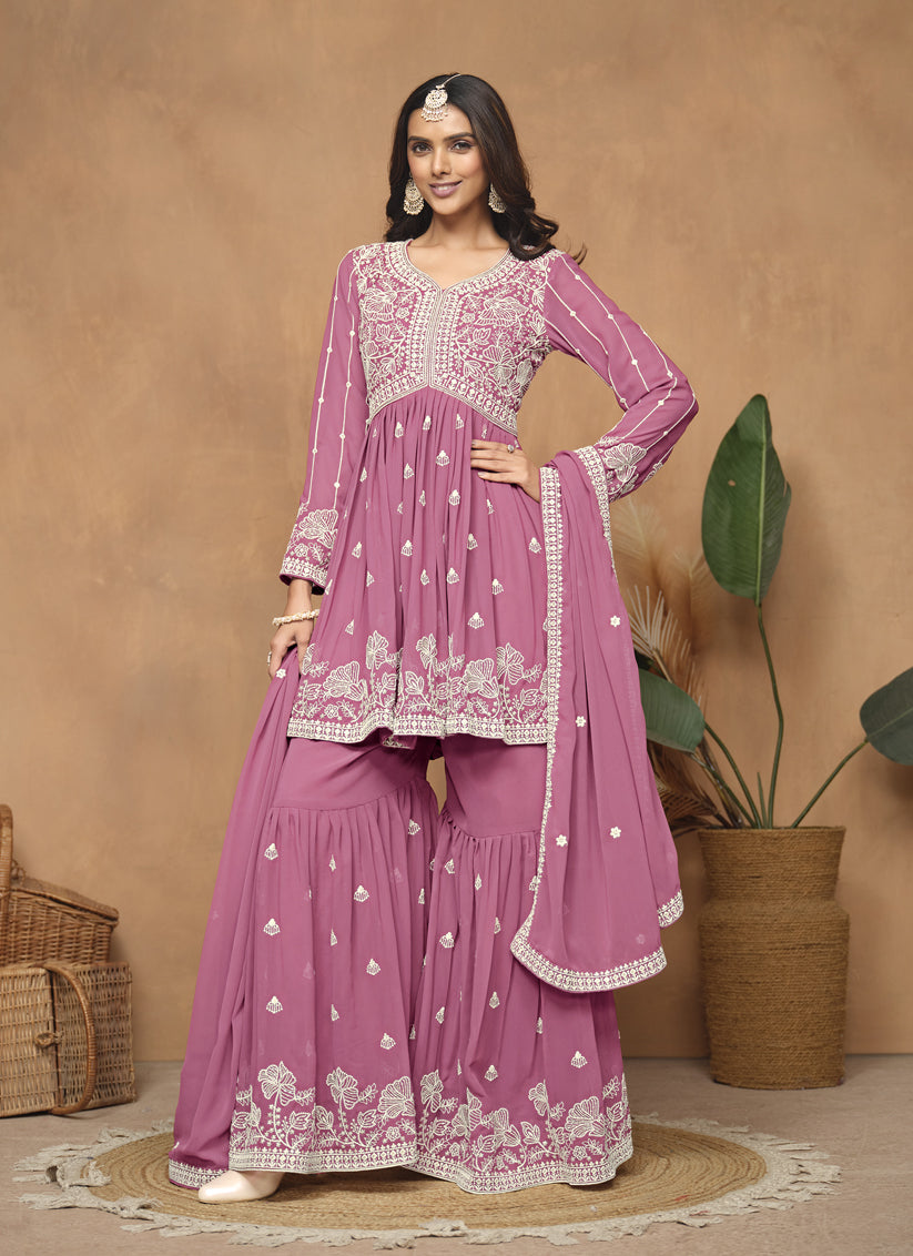 Flamingo Pink Faux Georgette Embroidered Sharara Kameez
