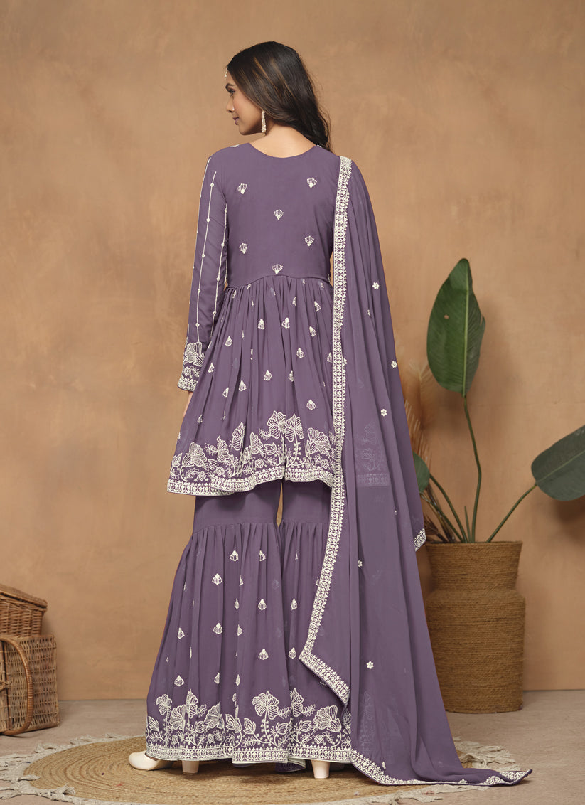 Dusty Purple Faux Georgette Embroidered Sharara Kameez