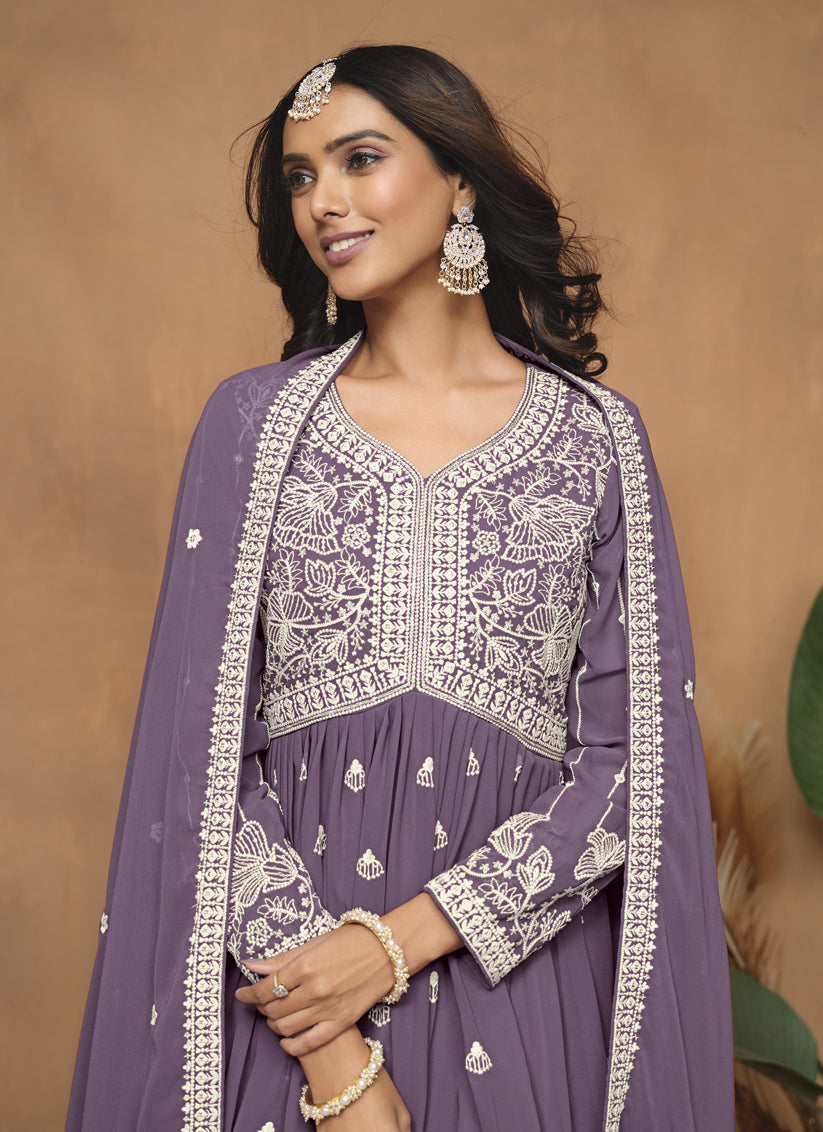 Dusty Purple Faux Georgette Embroidered Sharara Kameez