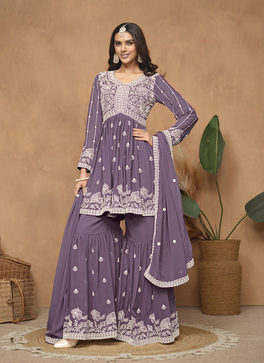 Dusty Purple Faux Georgette Embroidered Sharara Kameez