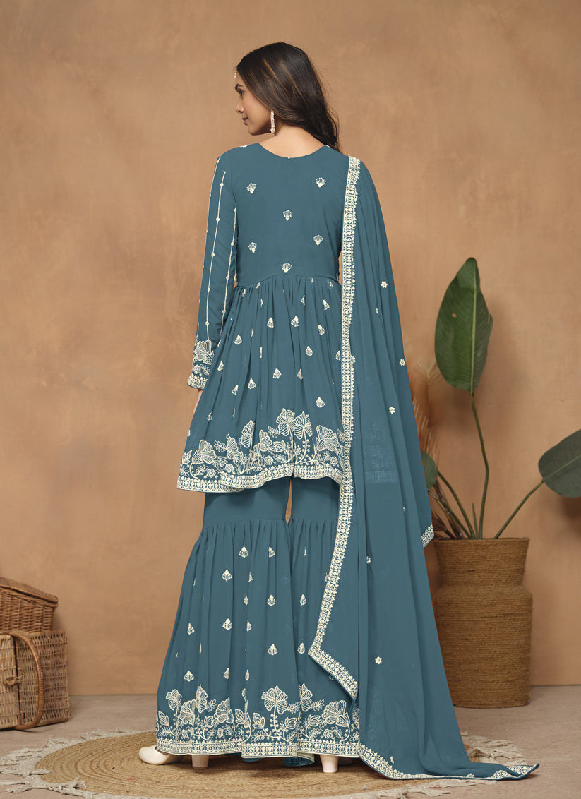 Teal Blue Faux Georgette Embroidered Sharara Kameez
