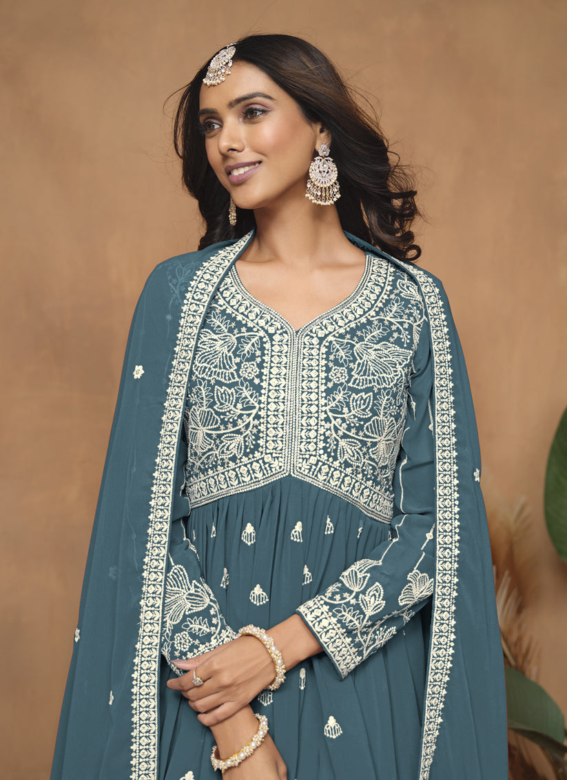 Teal Blue Faux Georgette Embroidered Sharara Kameez