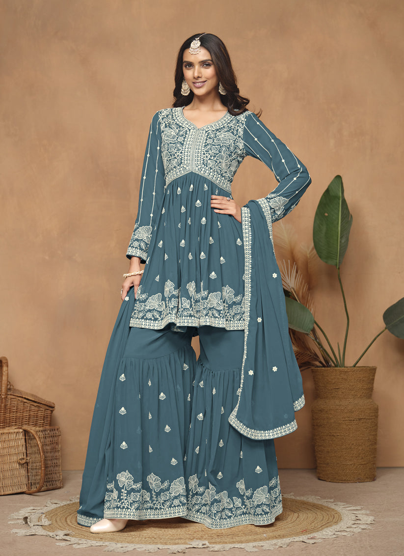 Teal Blue Faux Georgette Embroidered Sharara Kameez