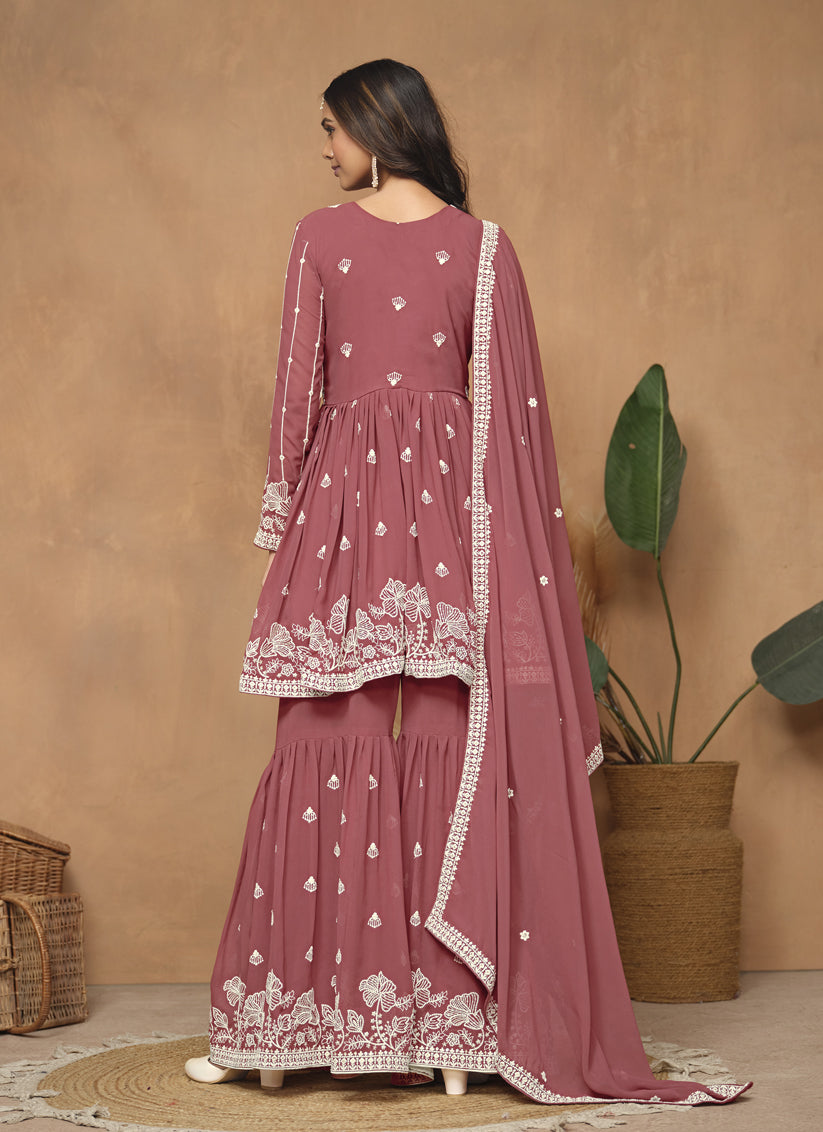 Dusty Salmon Pink Faux Georgette Embroidered Sharara Kameez