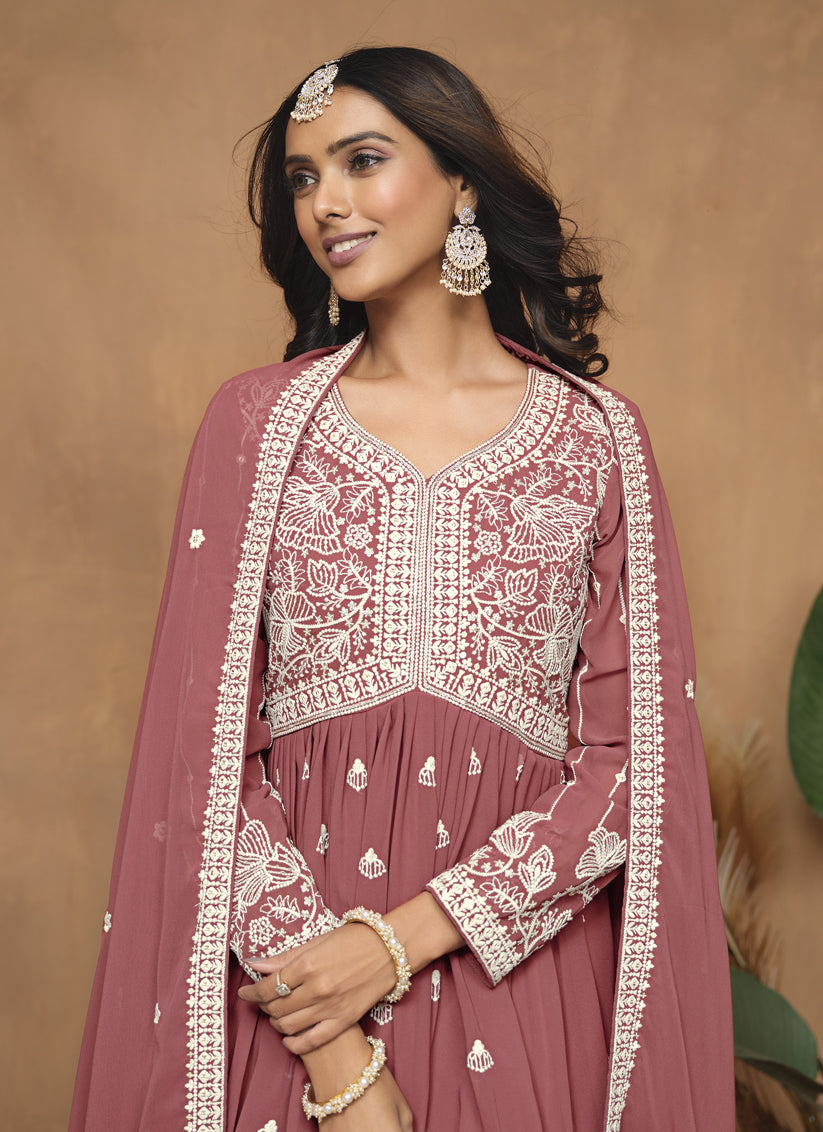 Dusty Salmon Pink Faux Georgette Embroidered Sharara Kameez