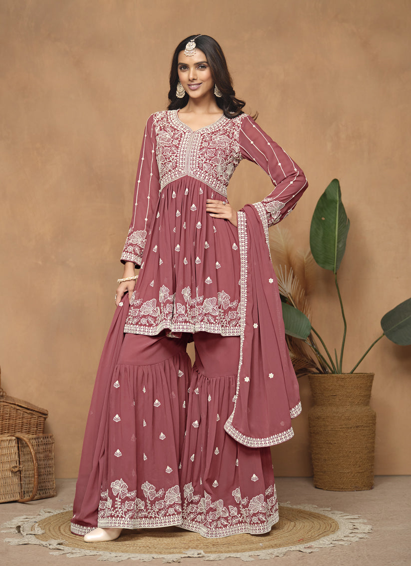 Dusty Salmon Pink Faux Georgette Embroidered Sharara Kameez