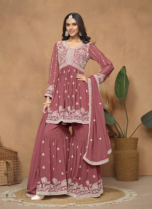 Dusty Salmon Pink Faux Georgette Embroidered Sharara Kameez