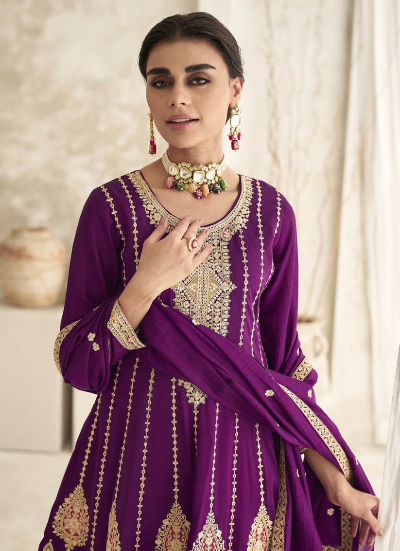 Magenta Silk Embroidered Trouser Kameez