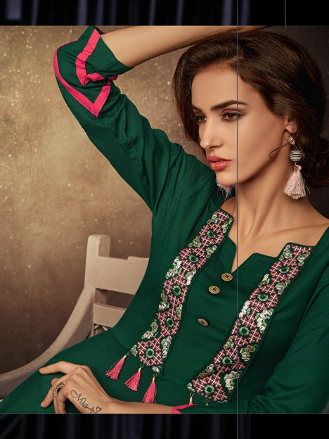 Green Rayon Embroidered Kurti