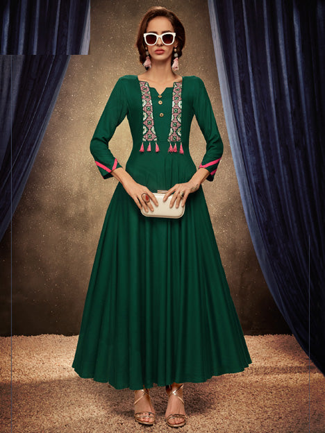 Green Rayon Embroidered Kurti