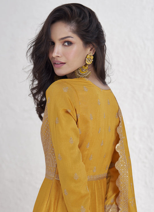 Golden Yellow Premium Silk Embroidered Anarkali Gown with Dupatta