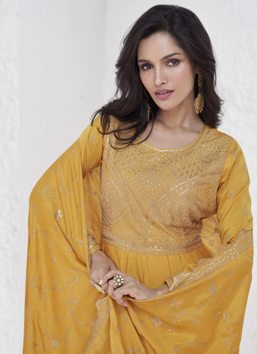 Golden Yellow Premium Silk Embroidered Anarkali Gown with Dupatta