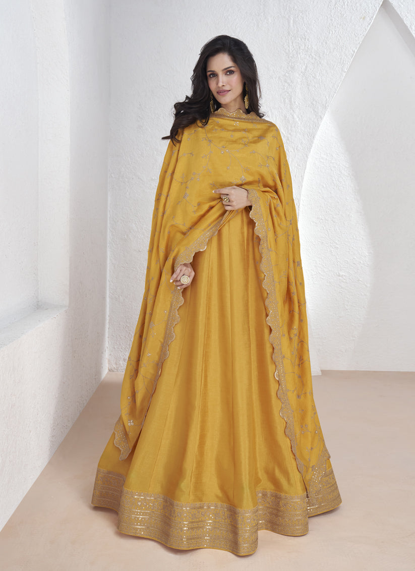 Golden Yellow Premium Silk Embroidered Anarkali Gown with Dupatta
