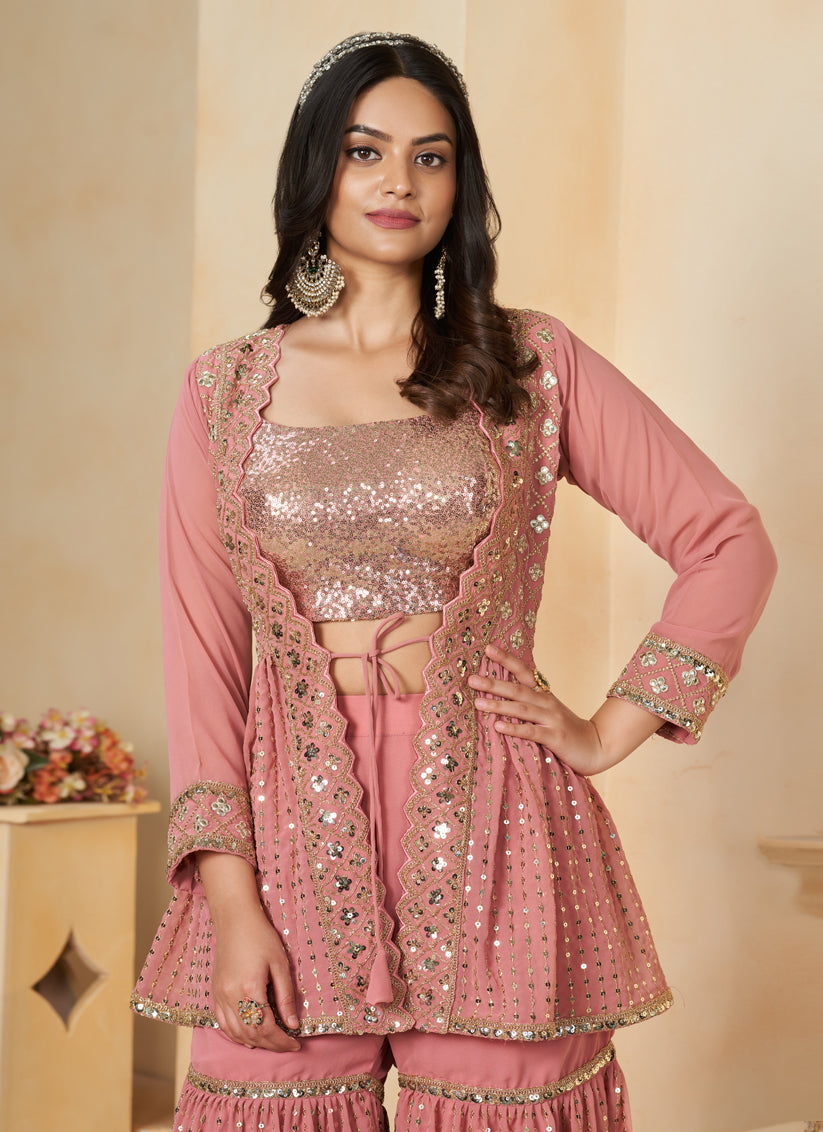 Coral Pink Faux Georgette Embroidered IndoWestern