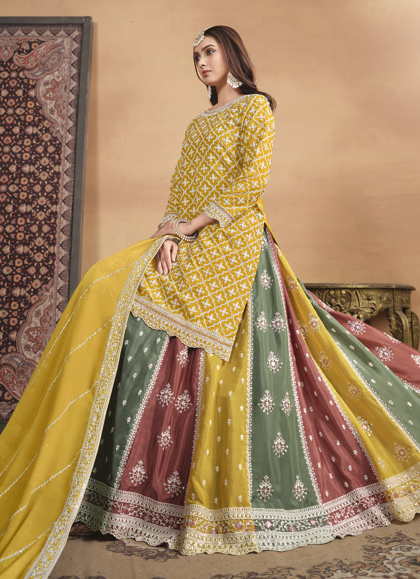 Mustard Chinnon Embroidered Designer Lehenga Kameez