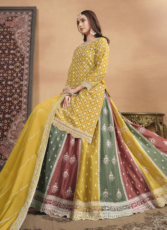 Mustard Chinnon Embroidered Designer Lehenga Kameez