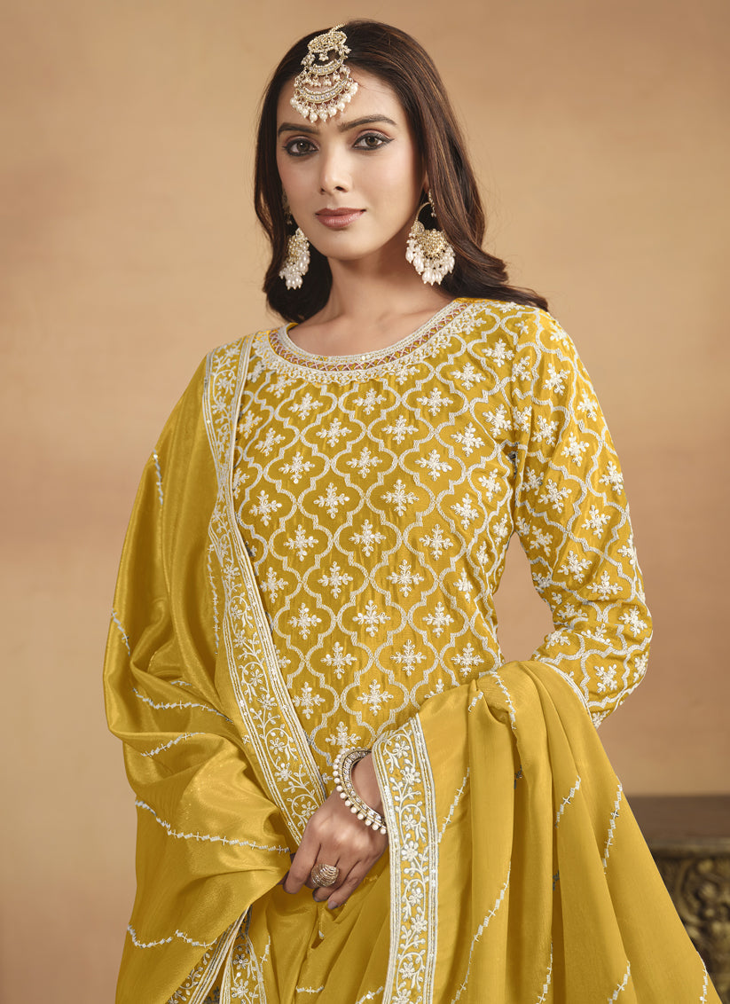 Mustard Chinnon Embroidered Designer Lehenga Kameez