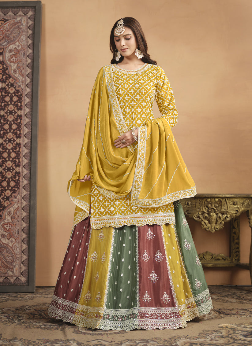 Mustard Chinnon Embroidered Designer Lehenga Kameez