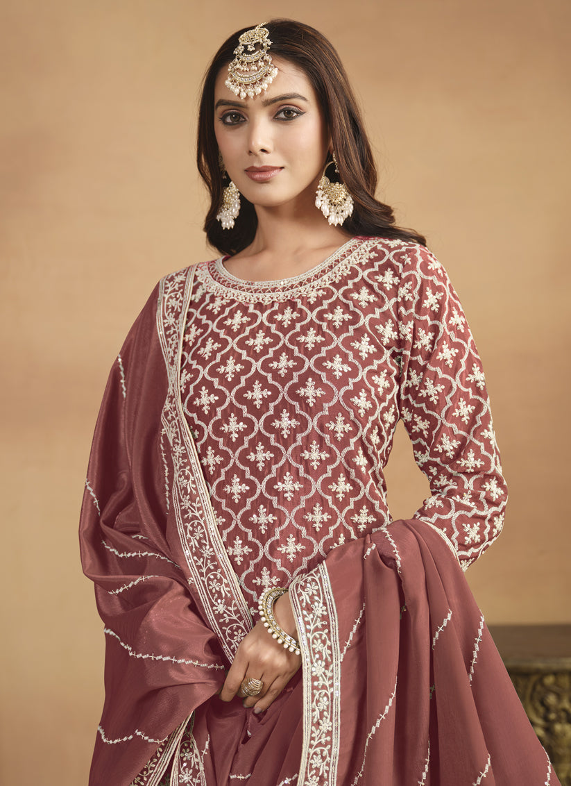 Rust Brown Chinnon Embroidered Designer Lehenga Kameez
