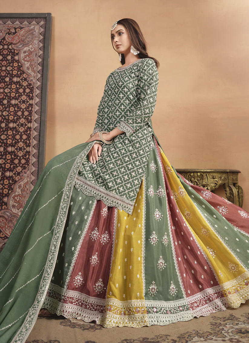Moss Green Chinnon Embroidered Designer Lehenga Kameez
