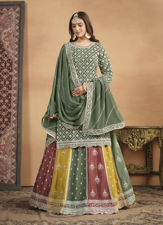 Moss Green Chinnon Embroidered Designer Lehenga Kameez