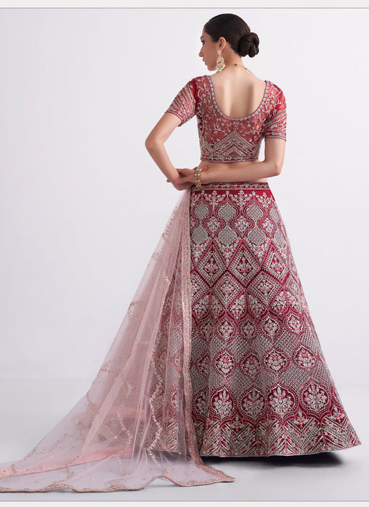 Cherry Red Net Embroidered Bridal Lehenga Choli