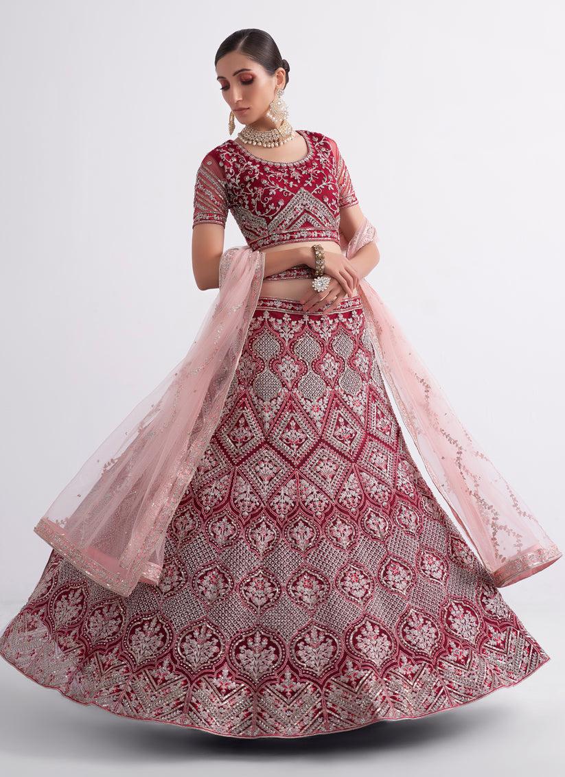 Cherry Red Net Embroidered Bridal Lehenga Choli
