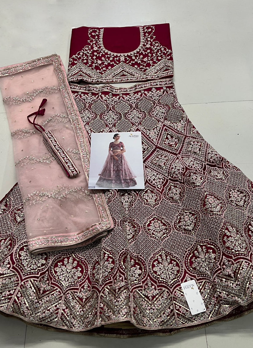 Cherry Red Net Embroidered Bridal Lehenga Choli