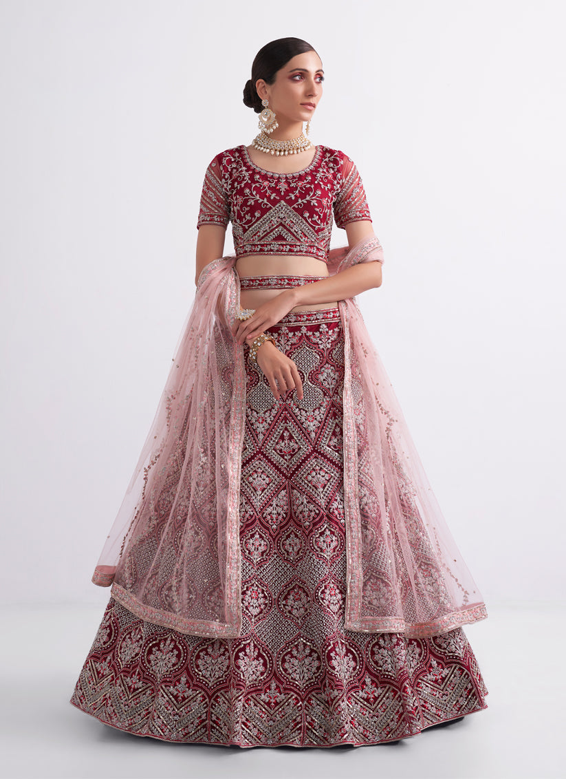 Cherry Red Net Embroidered Bridal Lehenga Choli