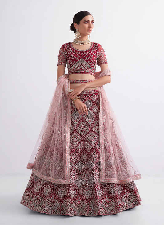 Cherry Red Net Embroidered Bridal Lehenga Choli