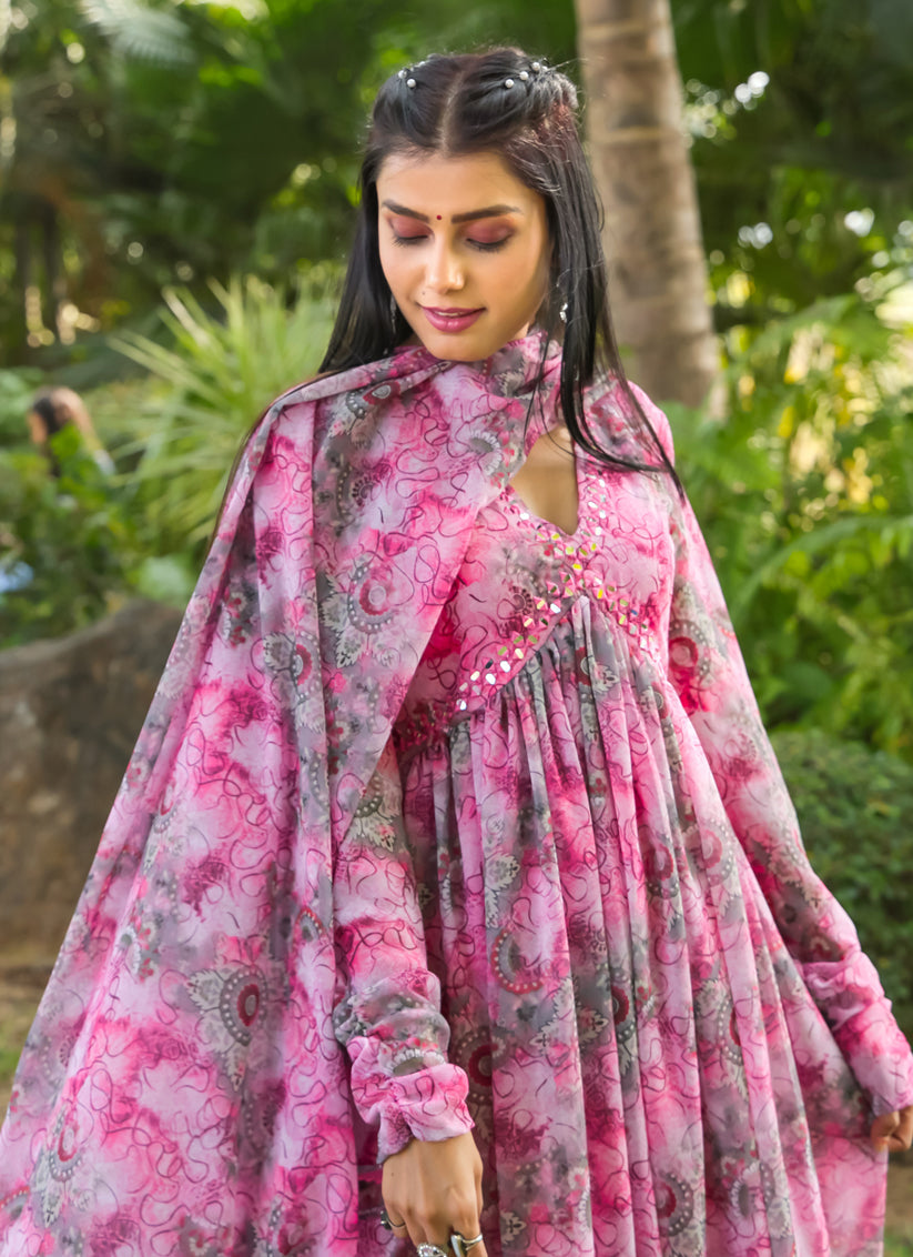 Rose Pink Faux Georgette Gown with Dupatta