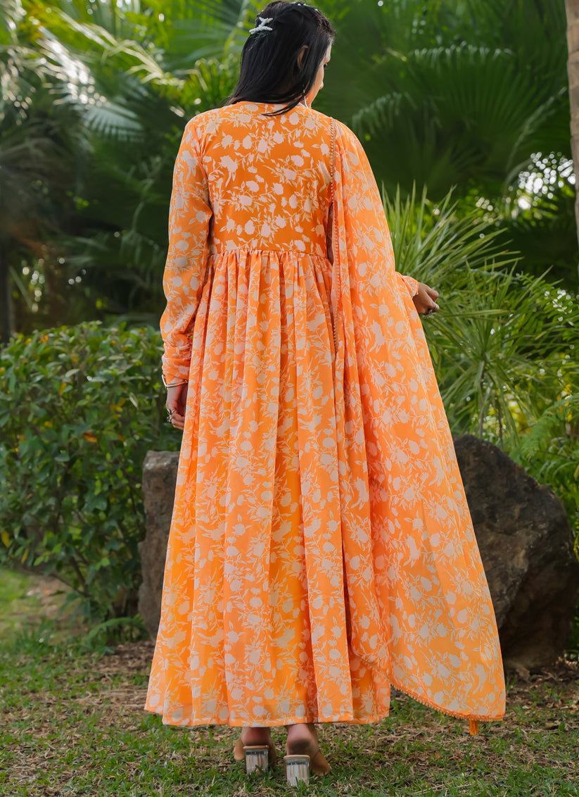Sunset Orange Faux Georgette Gown with Dupatta