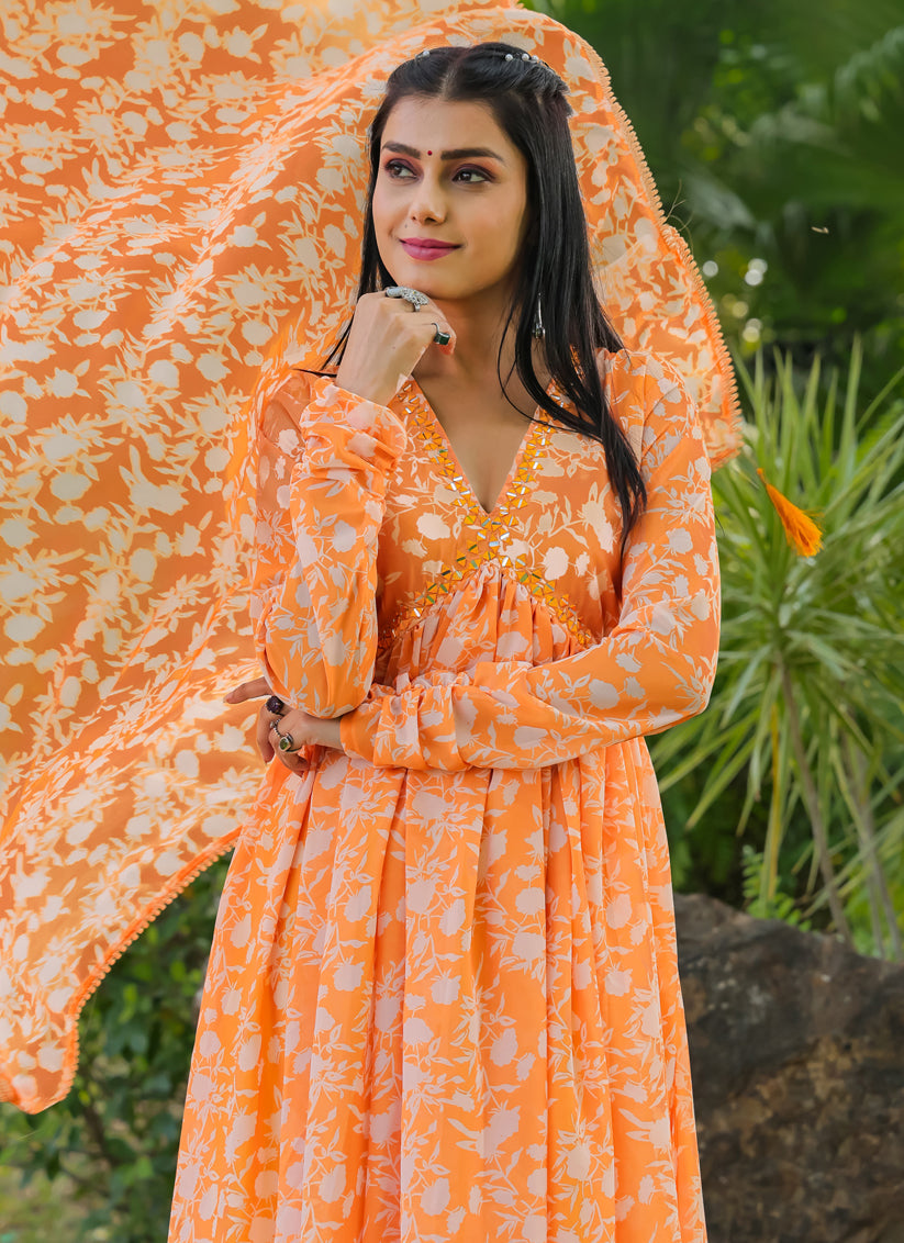 Sunset Orange Faux Georgette Gown with Dupatta