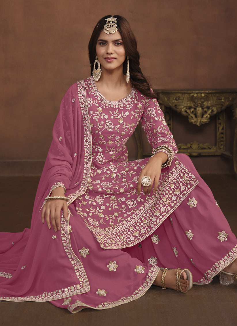 Puce Pink Faux Georgette Embroidered Palazzo Kameez