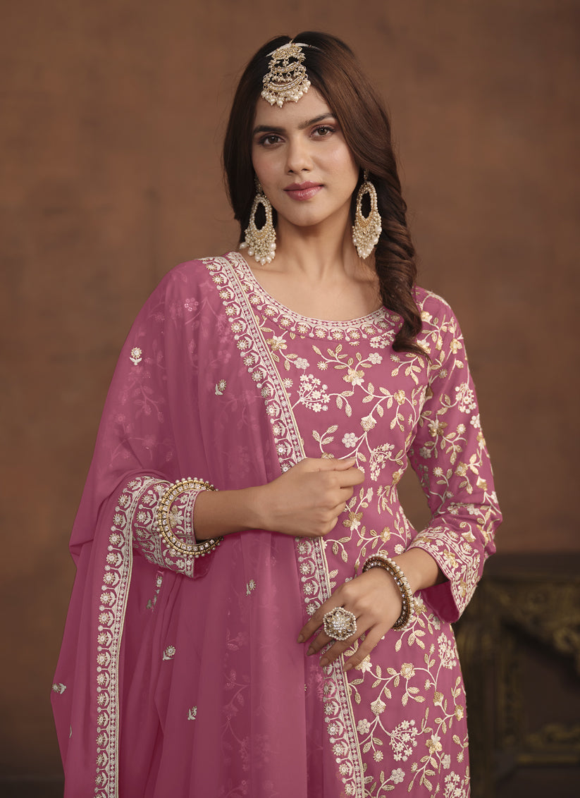 Puce Pink Faux Georgette Embroidered Palazzo Kameez