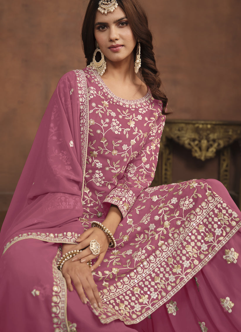 Puce Pink Faux Georgette Embroidered Palazzo Kameez