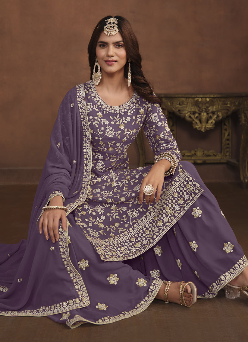 Dusty Purple Faux Georgette Embroidered Palazzo Kameez