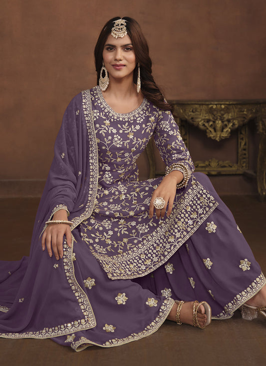 Dusty Purple Faux Georgette Embroidered Palazzo Kameez