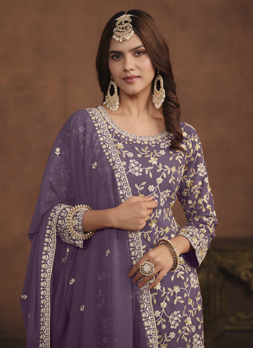 Dusty Purple Faux Georgette Embroidered Palazzo Kameez