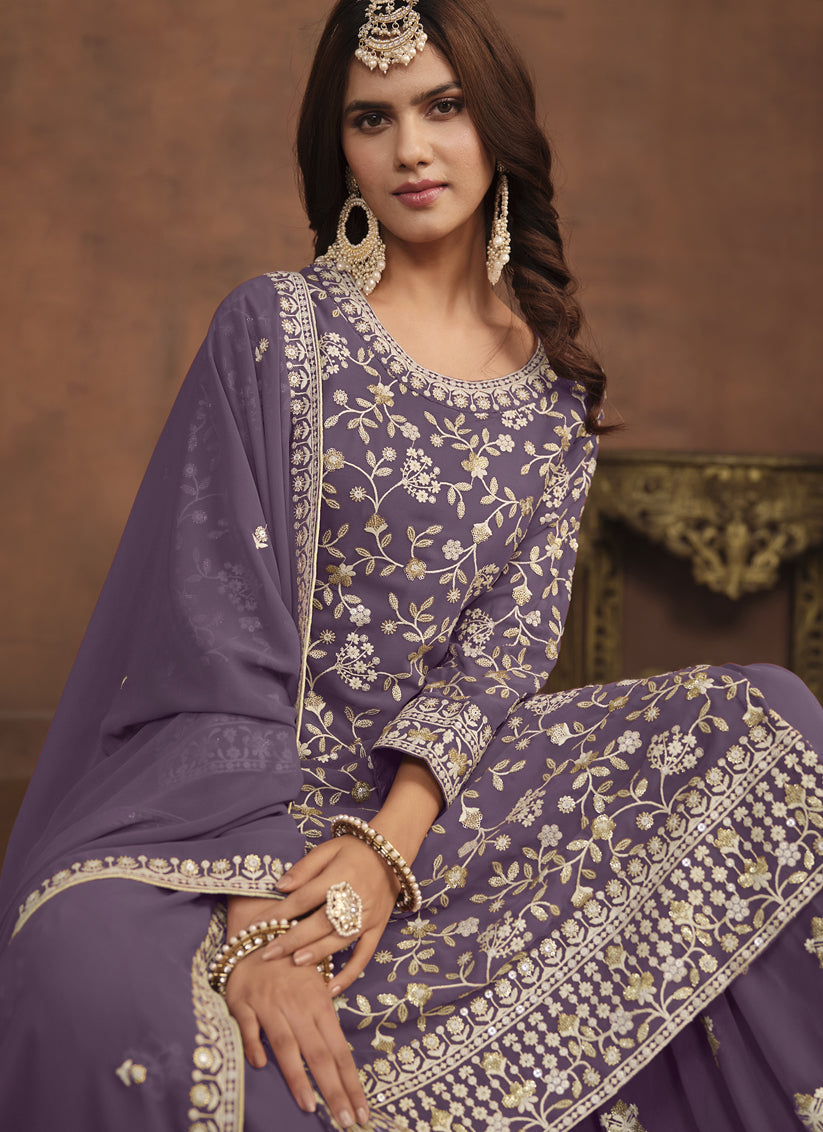 Dusty Purple Faux Georgette Embroidered Palazzo Kameez