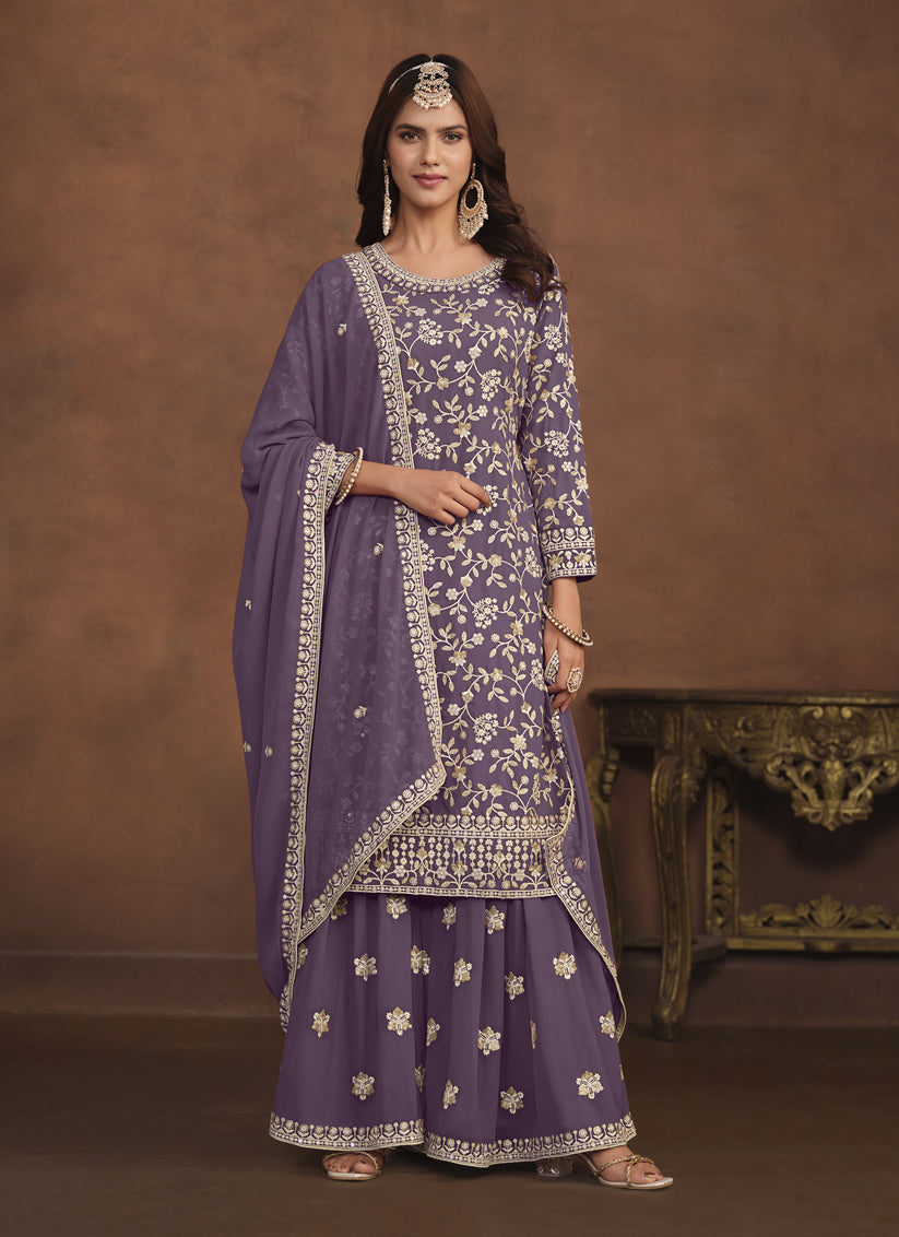 Dusty Purple Faux Georgette Embroidered Palazzo Kameez