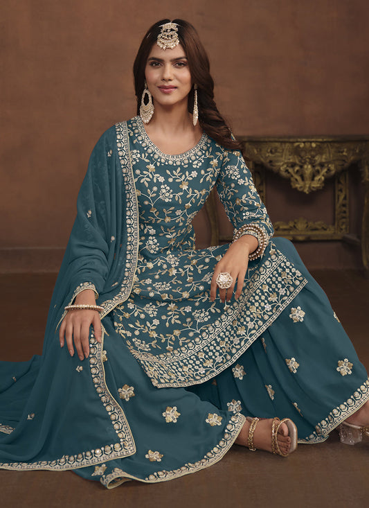 Teal Blue Faux Georgette Embroidered Palazzo Kameez